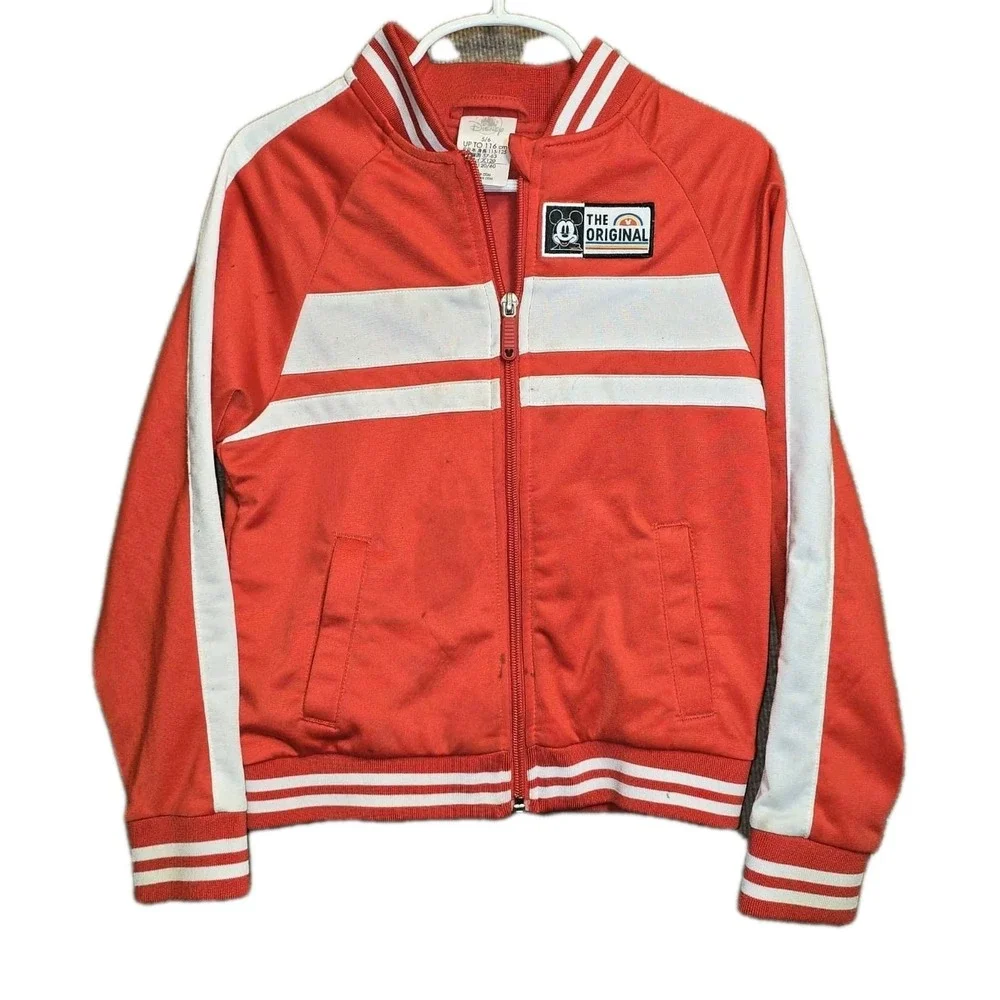 Disney Mickey Mouse Track Jacket Kids 5/6 Red White Zip Up Retro 1928 Burbank CA